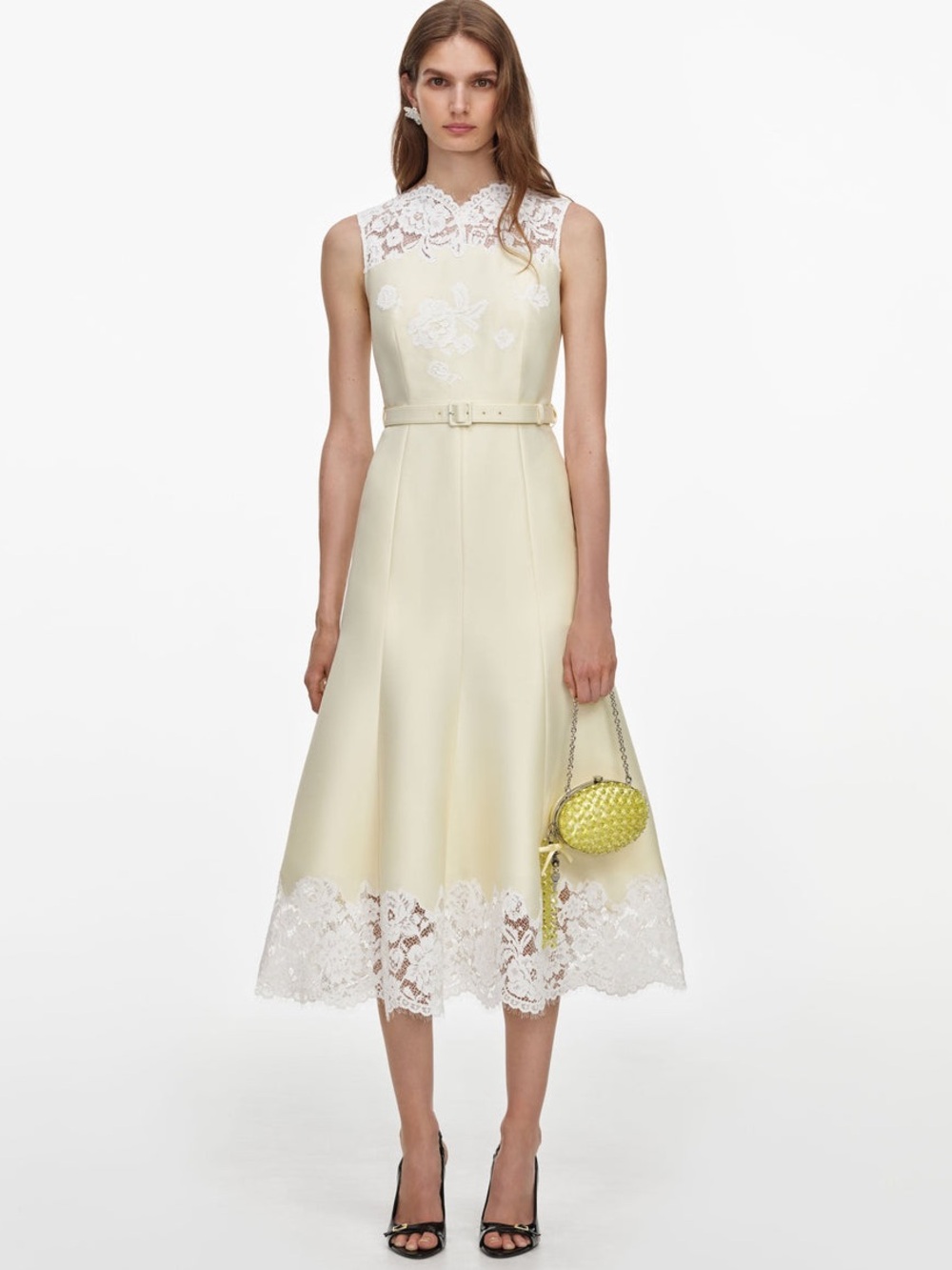 NWOT Self-Portrait YELLOW TAFFETA LACE MIDI DRESS